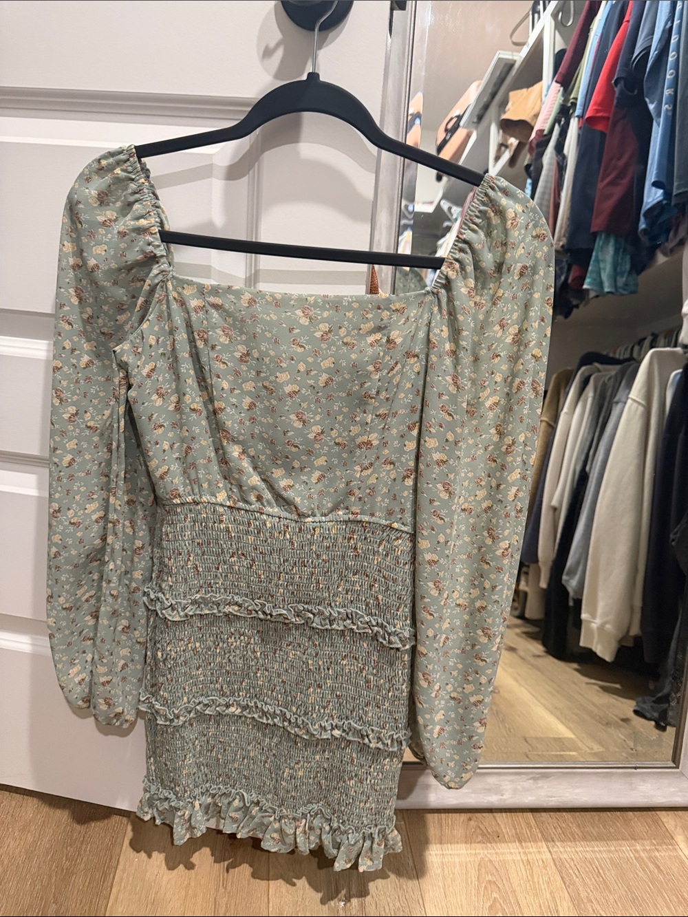 Floral Smocked Square-Neck Long Sleeve Mini Dress in Sage Green